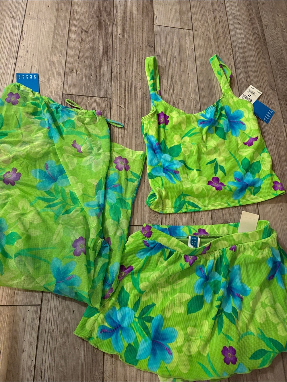 NWT Women’s Lime Green Floral Tankini Top and Skirt Set with sheer matching Pant